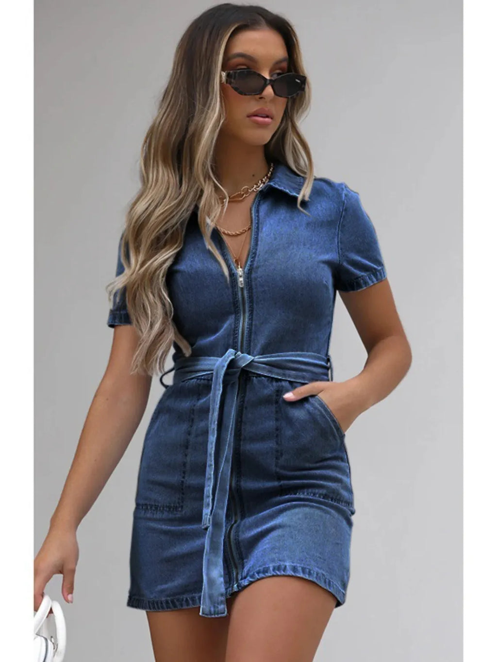 Denim Mini Dress Zip Front Short Sleeve Collared Belted with Pockets Dark Blue 19a4b094-8b7a-46c4-8712-cc118221b4c6-Max-Origin Trendsi