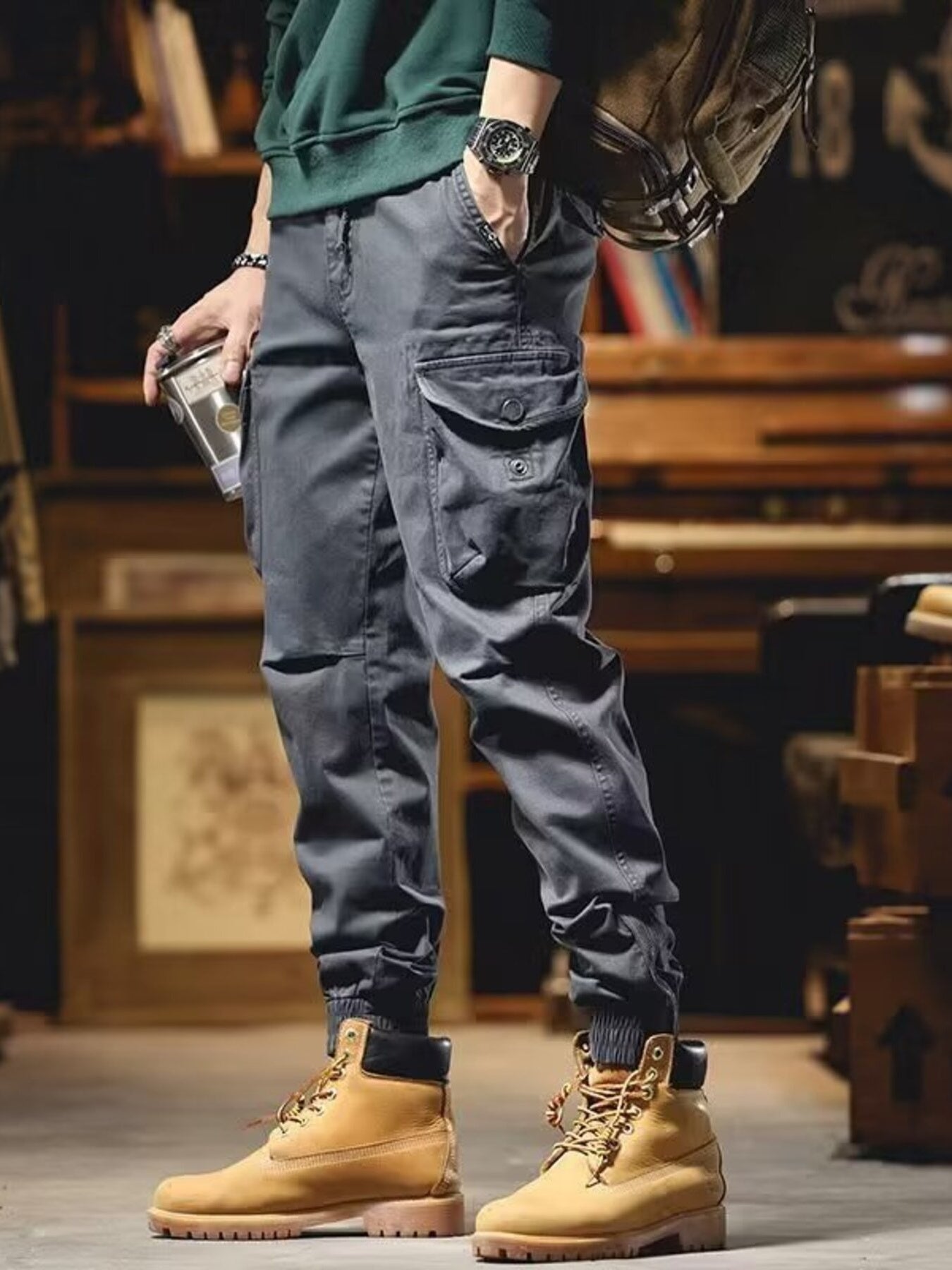 Men's Plus Size Casual Cargo Pants with Elastic Cuff and Drawstring Waist