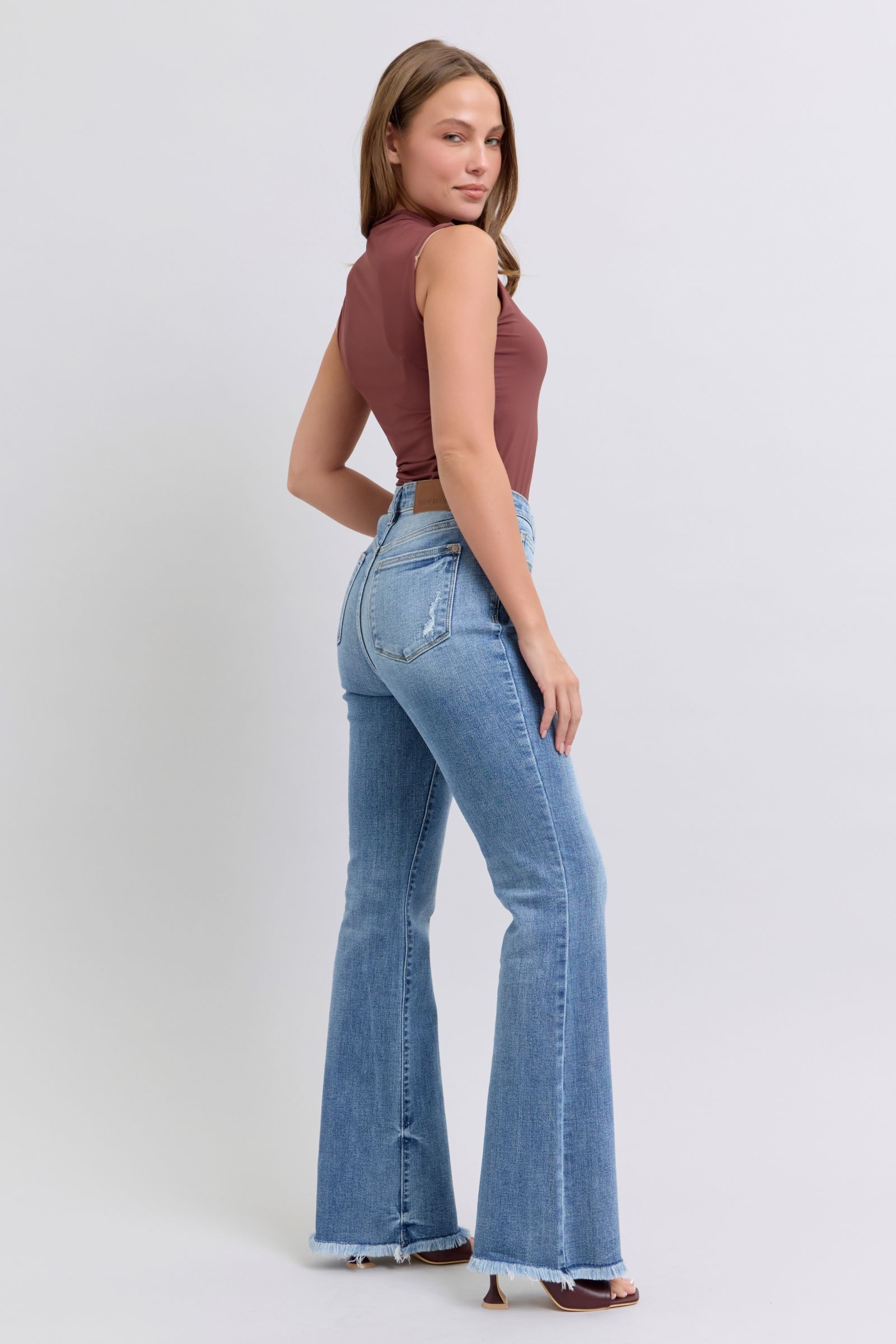 Judy Blue Women Jeans Raw Hem Women High Rise Bootcut Medium Wash Denim