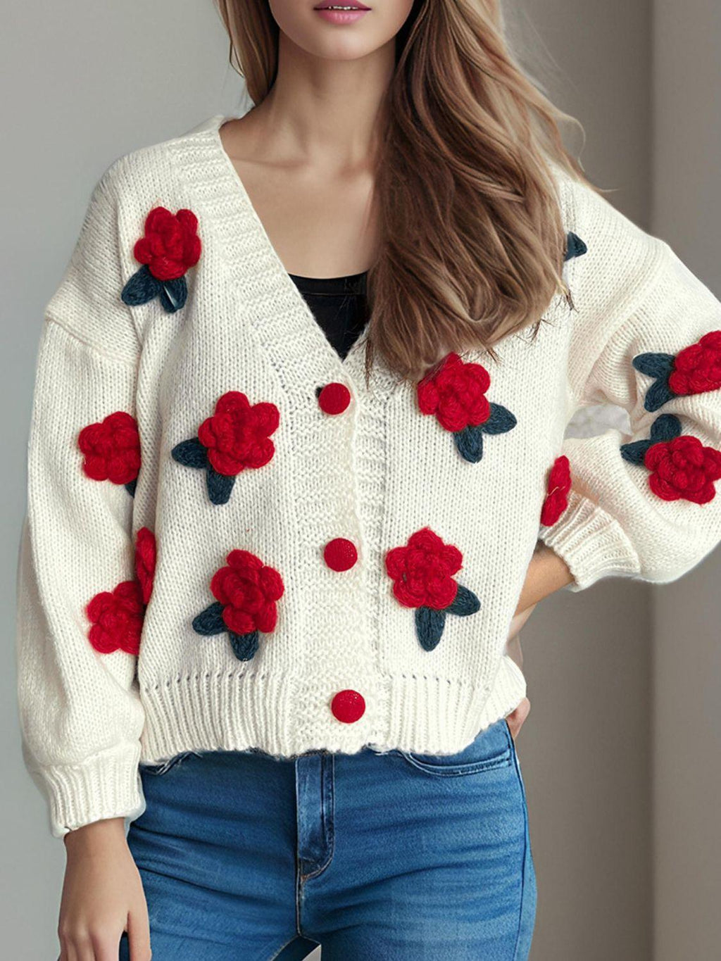 Cardigan Flower Button Down V-Neck Long Sleeve Knitwear Scarlet One Size 19b81982-eee0-42b4-a09c-f26e39b34d69-Max Trendsi