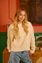 BiBi Womens Sweater Checker Ivory Board Drop Shoulder Knit Pullover 19b9e29ffb704fbaa167ff9b2611b545-Max-Origin Trendsi
