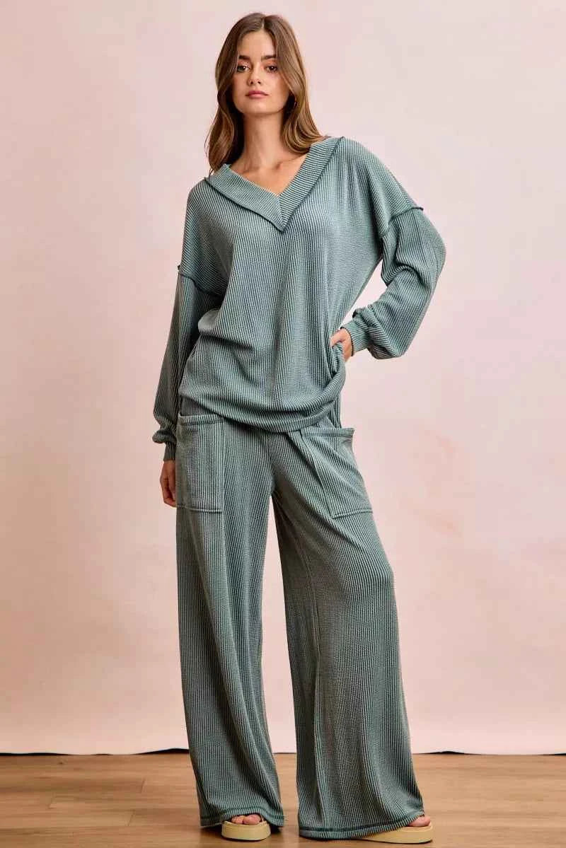 BiBi Outfit Set Dark Sage Cord Rib Contrast Stitching V-Neck Top and Pants 19bd2939b96c46519cb1669bec3a1b67-Max-Origin Trendsi