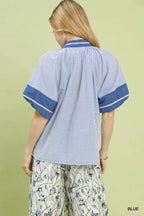 Umgee Blouse Blue Striped Mixed Puff Short Sleeve Top 19c954d2-88a9-404e-a021-796b8376fcb3-Max-Origin Trendsi
