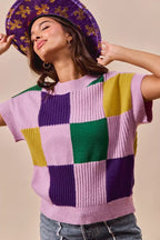 SO ME Casual Sweater Top Women Mardi Gras Check Plaid Short Sleeve Top 19c99afd7686400d9fb555f15cfce024-Max-Origin Trendsi
