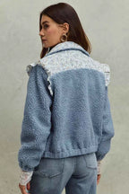 SO ME Women Jacket Faux Fur Sherpa Blue Pull with Floral Ruffle Contrast Zipper 19d2876bbd764a9182f3c4c48f350f53-Max-Origin Trendsi