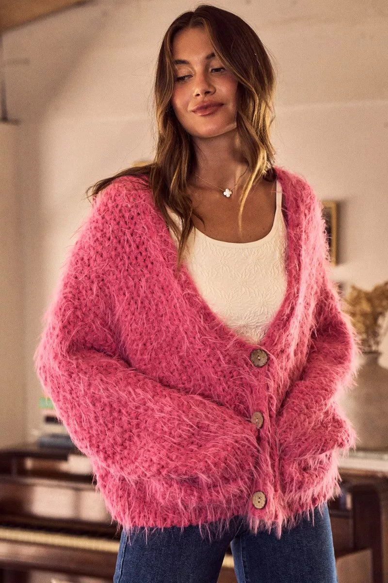 SO ME Womens Cardigan Pink Soft Touch Hairy Loose Fit Cozy Sweater 19d7a3f6c6144aaa808ba8b926fa5a1a-Max-Origin Trendsi