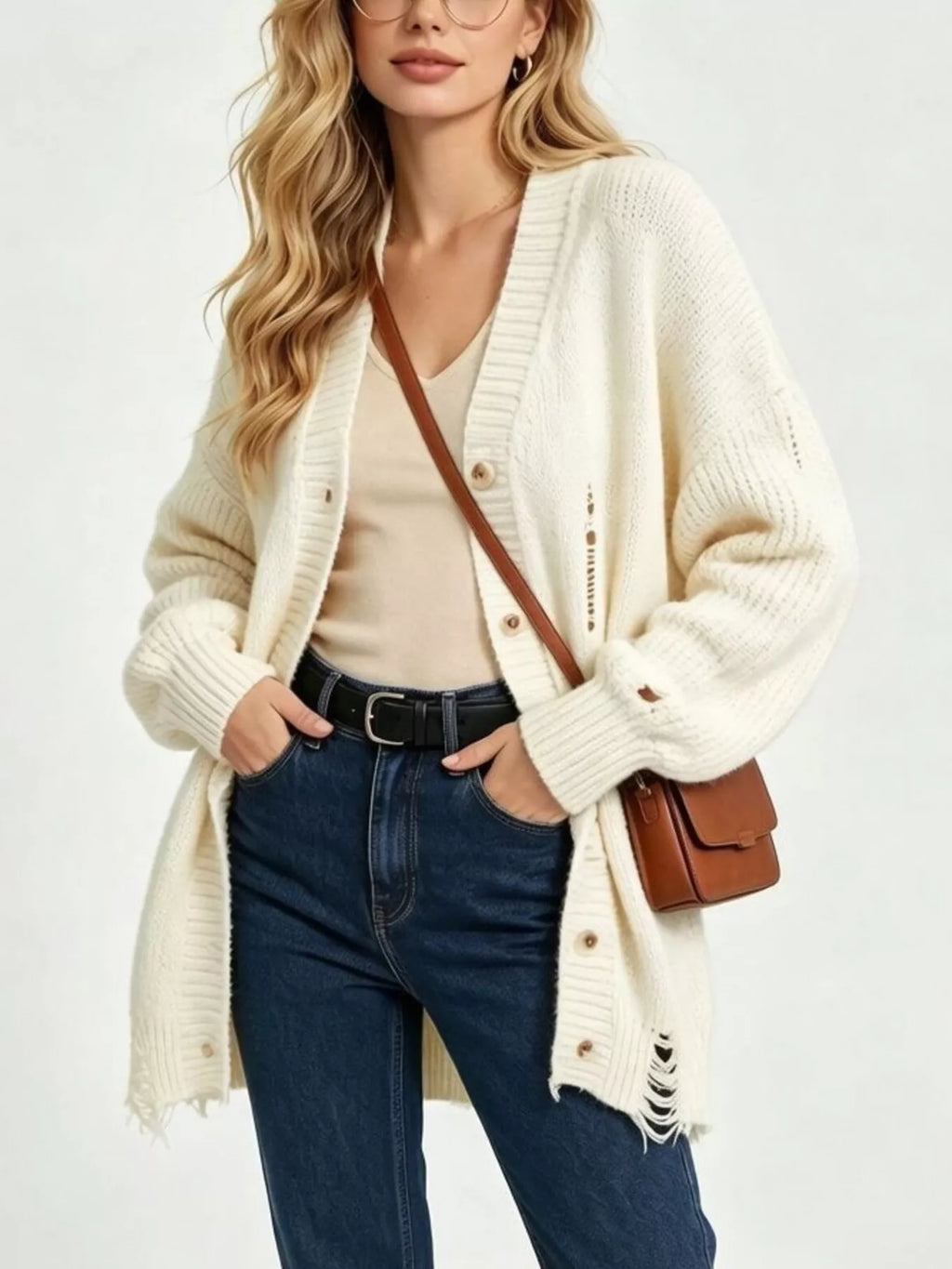 Offwhite gestrickte Strickjacke mit gerautetem Saum und braunen Knöpfen, offen über beige Top getragen