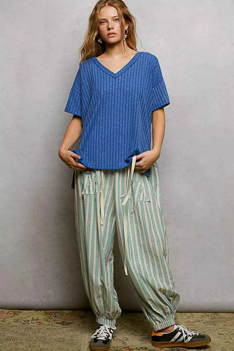 POL Ribbed Knit Top Blue V-Neck Short Sleeve T-Shirt with Side Slit 19dbd1f7-1d5f-4d82-b4f9-786d08b72f9f-Max-Origin Trendsi