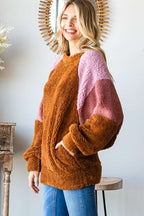 Culture Code Sweatshirt Faux Fur Women Brown Color Block Raglan Sleeve Pocketed 19ddd7bc-6de2-47b4-848b-1268fd6b2384-Max Trendsi
