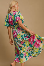Umgee Midi Dress Plus Size Tiered Floral Print with Puff Short Sleeves Mint Mix 19e121cb-4f25-47bc-a58a-86577ea7975b-Min Trendsi