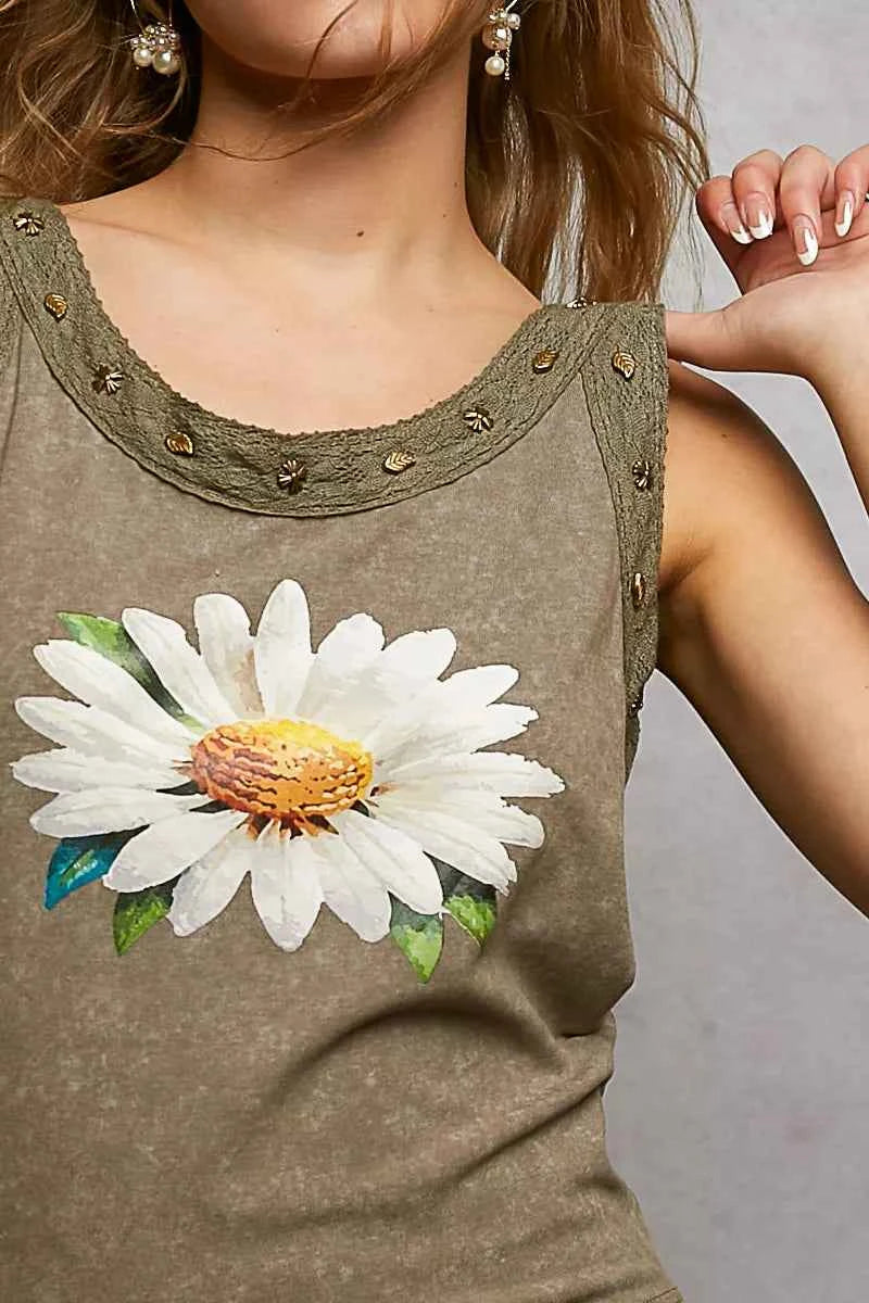 POL Washed Floral Stud Round Neck Slim Tank