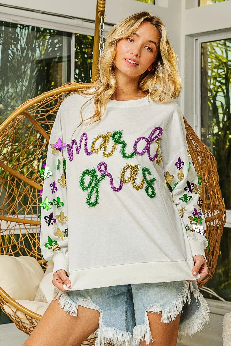 BiBi Womens Pullover Off White Fleur De Lis Sleeve Mardi Gras 19e731cae3d74fbfa8e8b95247f6f2e3-Max-Origin Trendsi