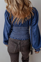Denim Top Smocked Long Sleeve Elastic Waist 19e9f4ad-0c1b-498b-8330-efff299e919c-Max Trendsi