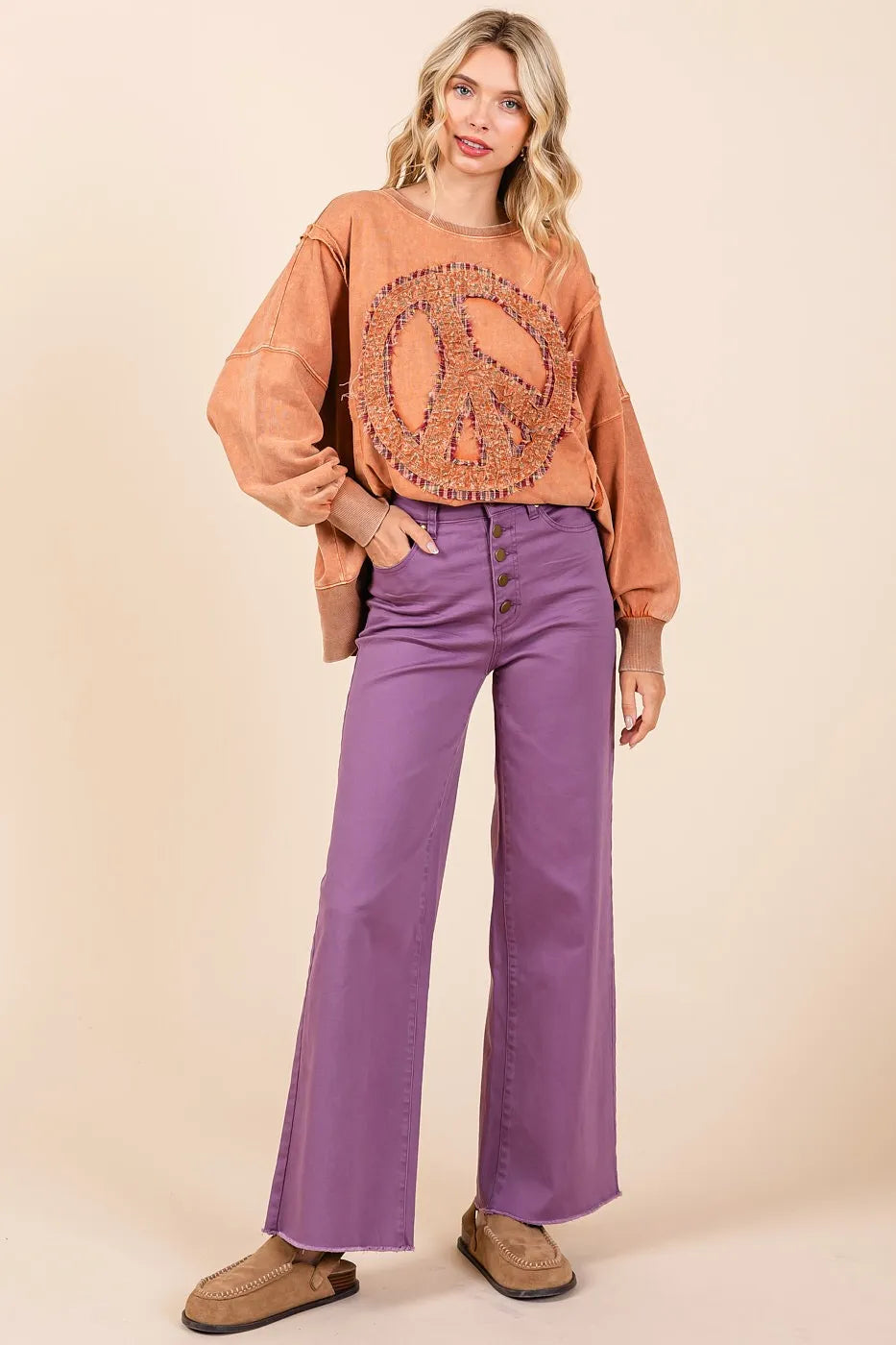 Mittoshop Wide Leg Pants Plum Twill High Waisted Button Fly Raw Hem 19ee60863763470fbd4448dfccb39021-Max-Origin Trendsi
