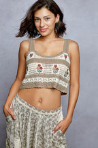 POL Crochet Cropped Cami Mocha Multi Floral Embroidered with Scalloped Hem Top 19f0f18f-da57-4264-b4fb-e657233c21fd-Max-Origin Trendsi