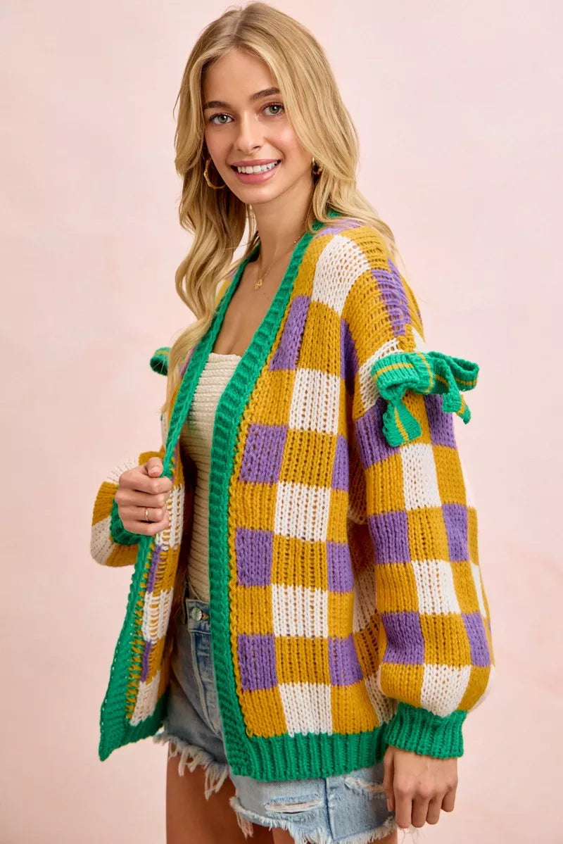 BiBi Women Cardigan Mardigras Checker Board Front Open Bow Sleeves 19f6106ef434412cba96a83db53f8bd8-Max-Origin Trendsi