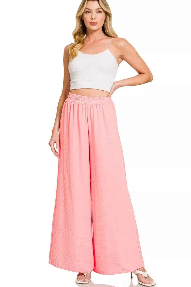 Zenana Woven Airflow Elastic Waistband Pants