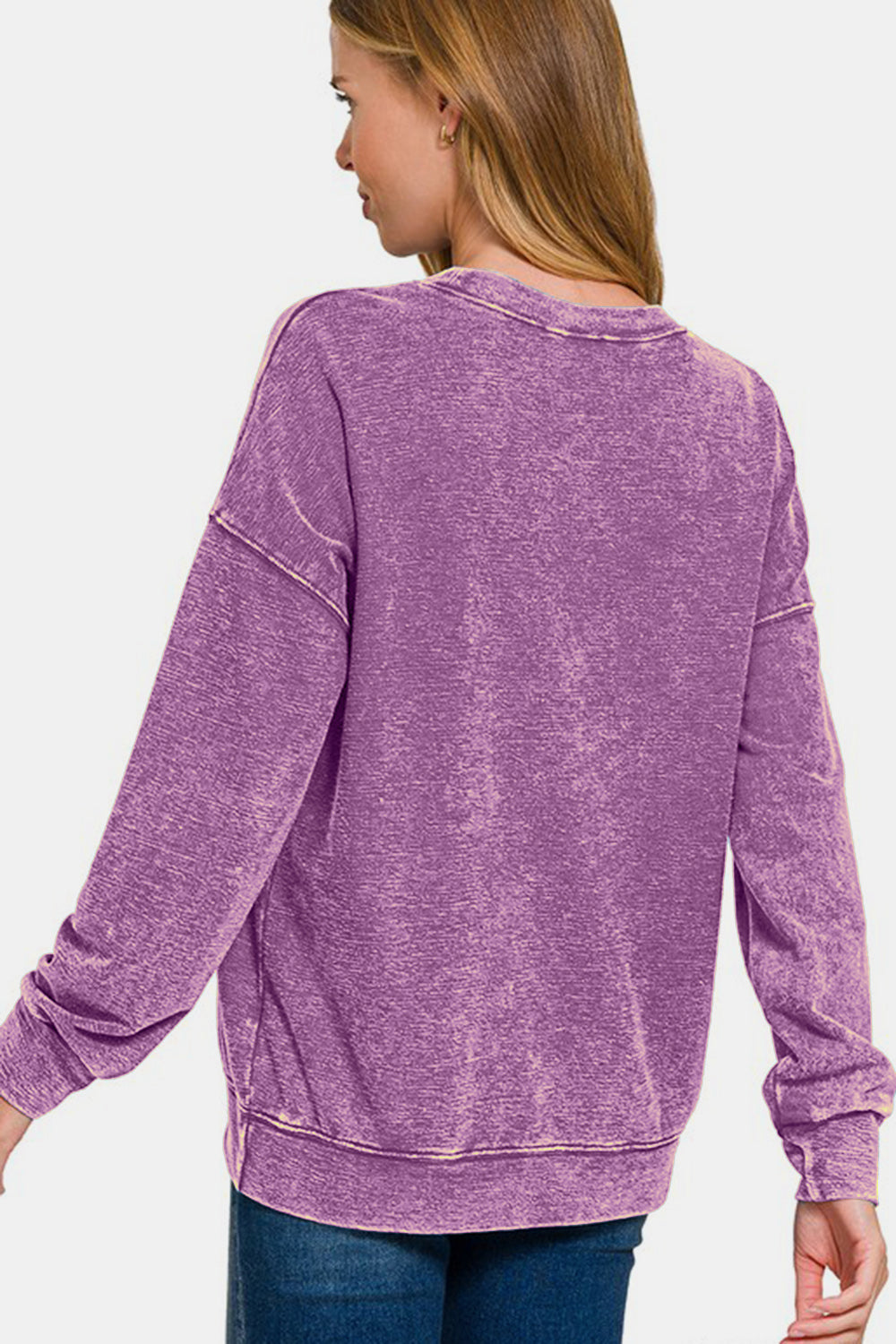 Zenana Violet Washed Sweatshirt Round Neck Long Sleeve Cotton Blend