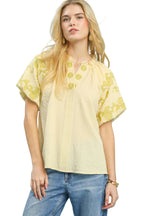 Umgee Embroidered Textured Flutter Sleeve Top