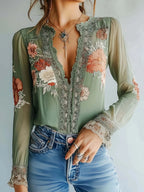Women's Lace Printed Shirt Boho Floral Green Embroidered Deep V Neck Blouse Top