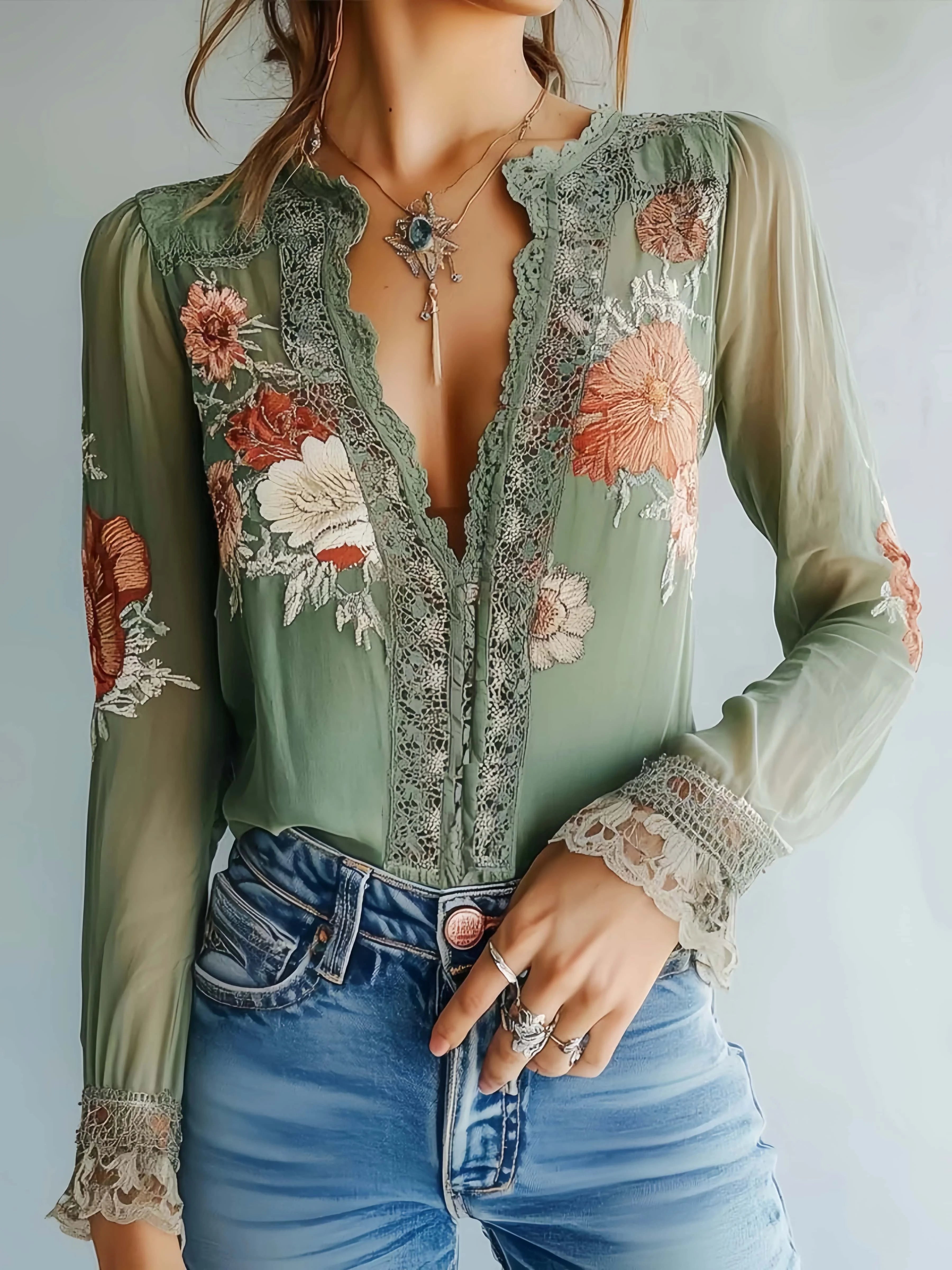 Women's Lace Printed Shirt Boho Floral Green Embroidered Deep V Neck Blouse Top