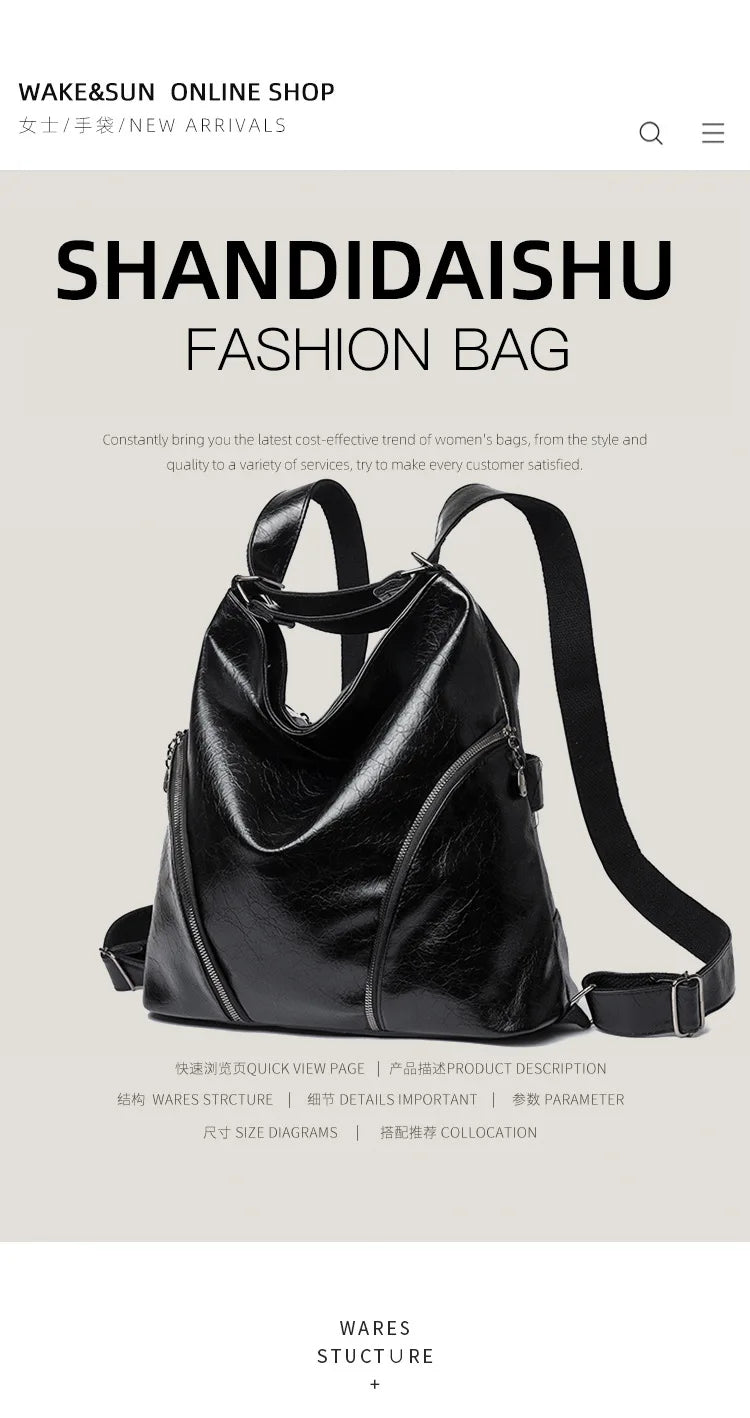 Women's Casual Tote Handbags Pu Leather Zipper Outer Pockets Backpack Crossbody