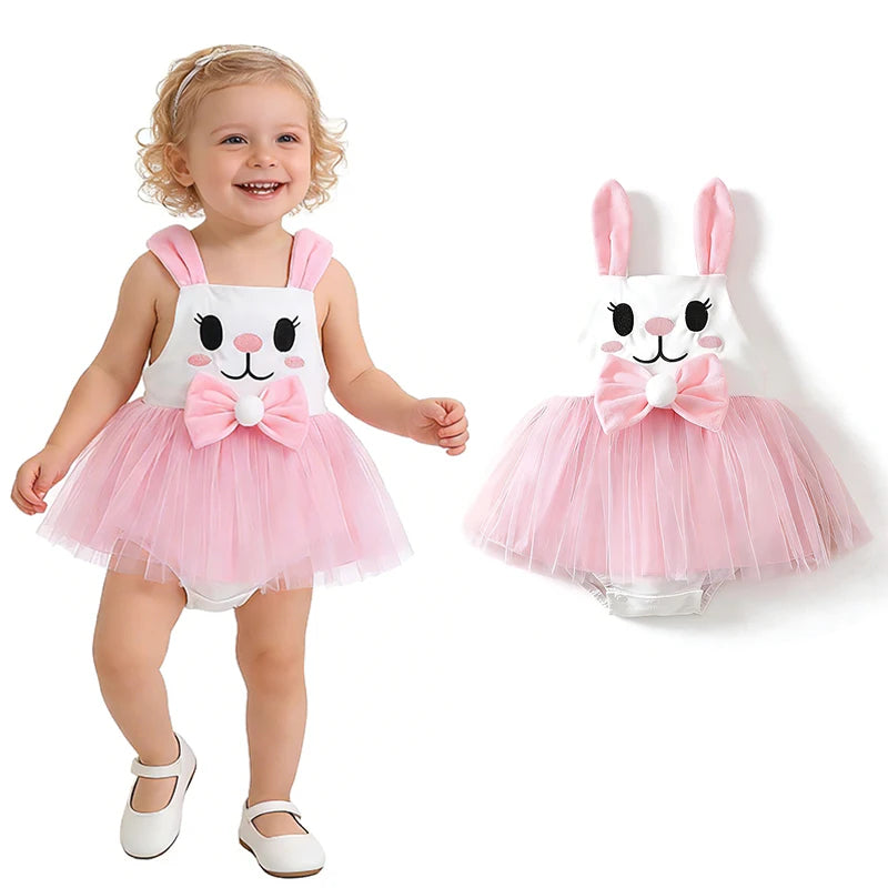 Baby Girl Easter Bunny Tutu Romper Cute 3D Rabbit Ear Infants Bodysuit + Fluffy Tulle Skirt One-Piece Newborns