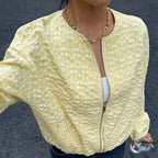 Fashion Jacquard Jacke mit Reißverschluss Gelb Kurz Langarm Lässiger Lockerer Mantel