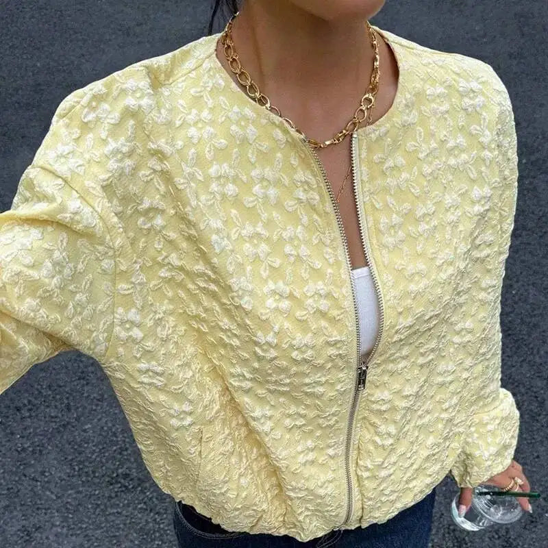 Fashion Jacquard Zip-Up Jacket Yellow Short Long Sleeve Casaul Loose Outercoat
