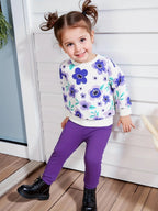 Girl's Outfit Set White Sweatshirt Floral Print Long Sleeve Top and Purple Leggings
