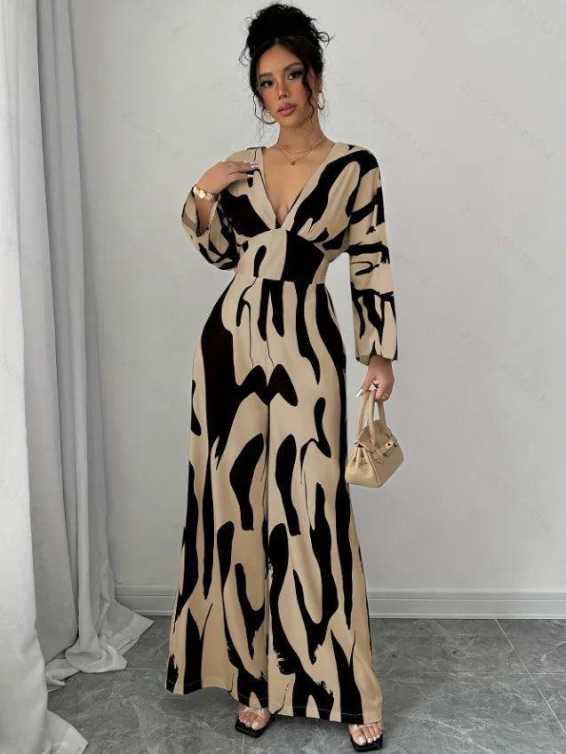 Women's Elegant Abstract Print Wide Leg Jumpsuit Belted V-Neck Long Sleeve Overall