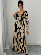 Women's Elegant Abstract Print Wide Leg Jumpsuit Belted V-Neck Long Sleeve Overall