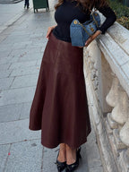 Women's Faux Leather Midi Skirt High-Waisted Pleated Casual Fashion