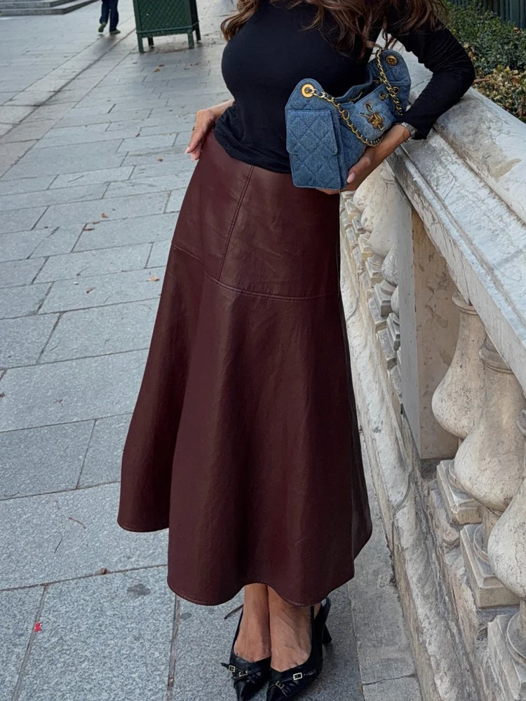 Women's Faux Leather Midi Skirt High-Waisted Pleated Casual Fashion