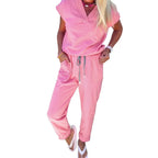 Casual Outfit Set V-neck Short Sleeve Top and Drawstring Pants Comfort Lightweight