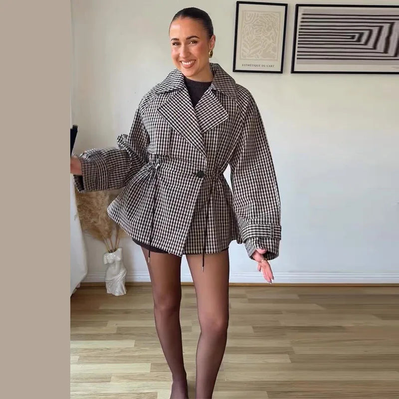 Women's Plaid Trench Coat Single-Button Casual Fashion Autumn Outwear