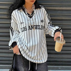 Women's Oversized Top Los Angeles Striped White Black Retro American Long Sleeve