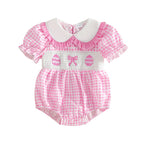 Baby Girls Easter Romper Plaid Print Bow Egg Embroidery Short Sleeve Doll Collar Jumpsuit
