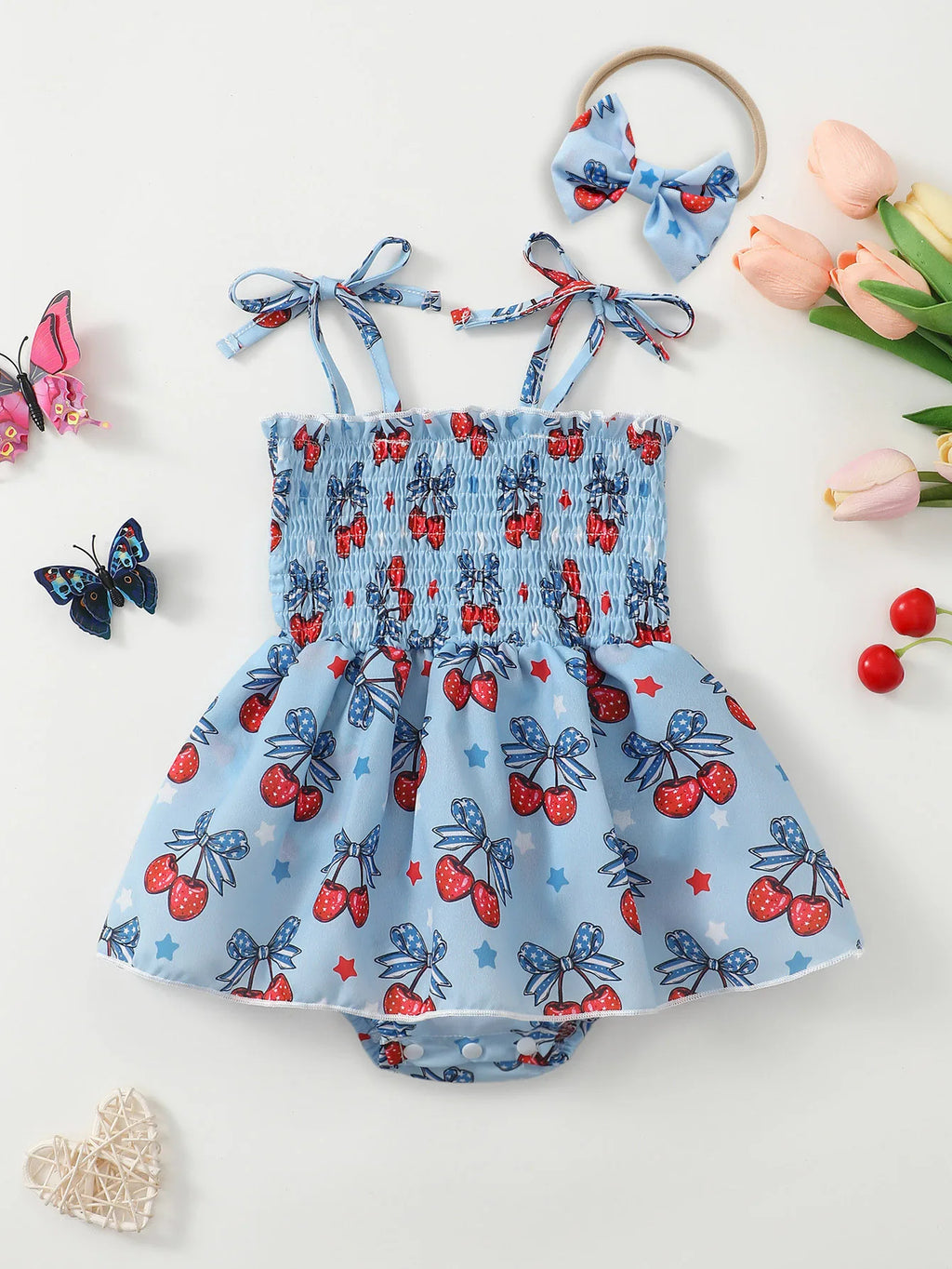 Children's Cherry Print Bodysuit Dress & Headband Set Blue Baby Toddler Cute Outfit