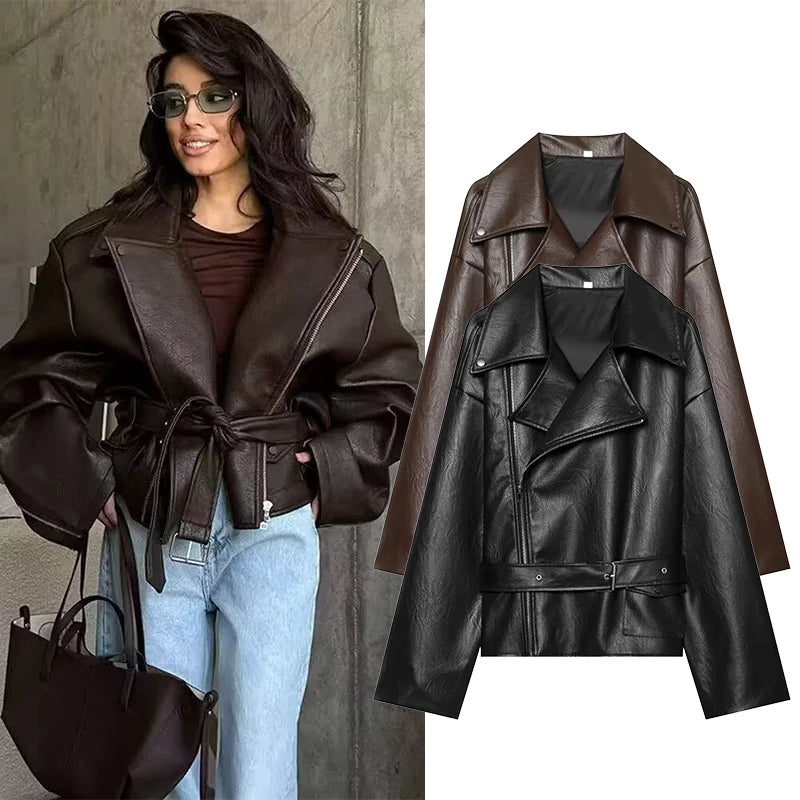 Women's Jacket Vintage Belted Faux PU Leather Front-Zip Turn-Down Lapel Full-Sleeve Casual Coat