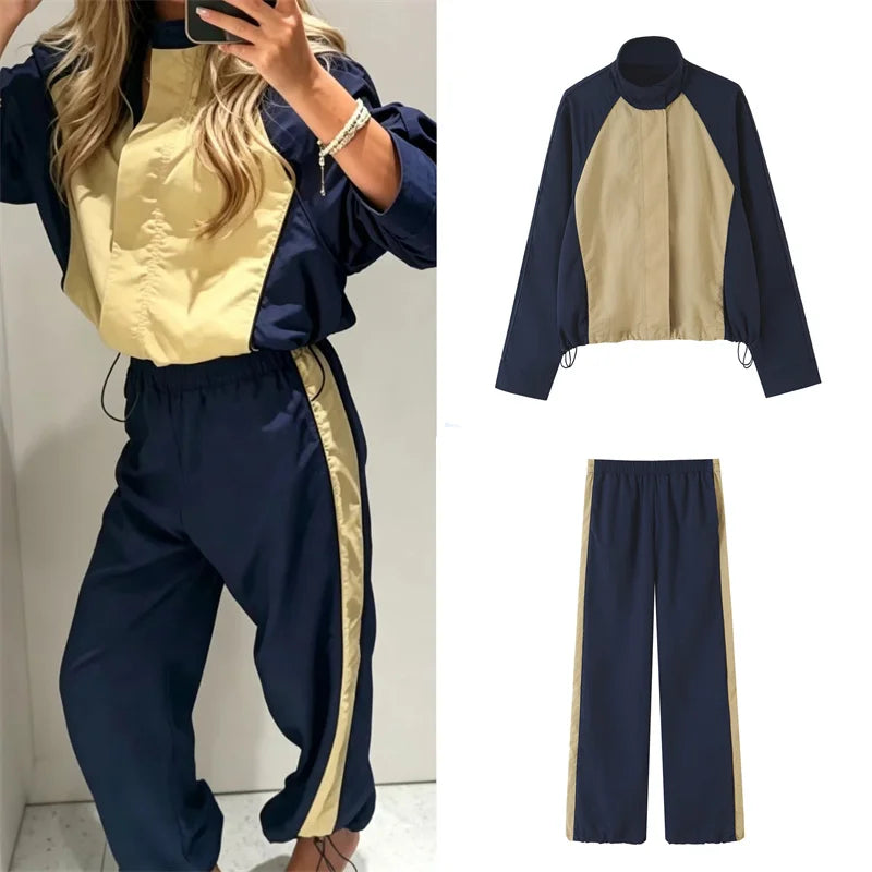 Women's Patchwork Zipper Jacket & High-Waisted Pants Set
