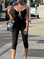 Damen Träger Capri Jumpsuits Mode Streetwear Sexy Elegant Schwarze Spitze Krawatte
