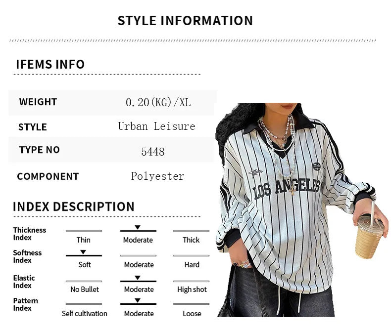 Women's Oversized Top Los Angeles Striped White Black Retro American Long Sleeve