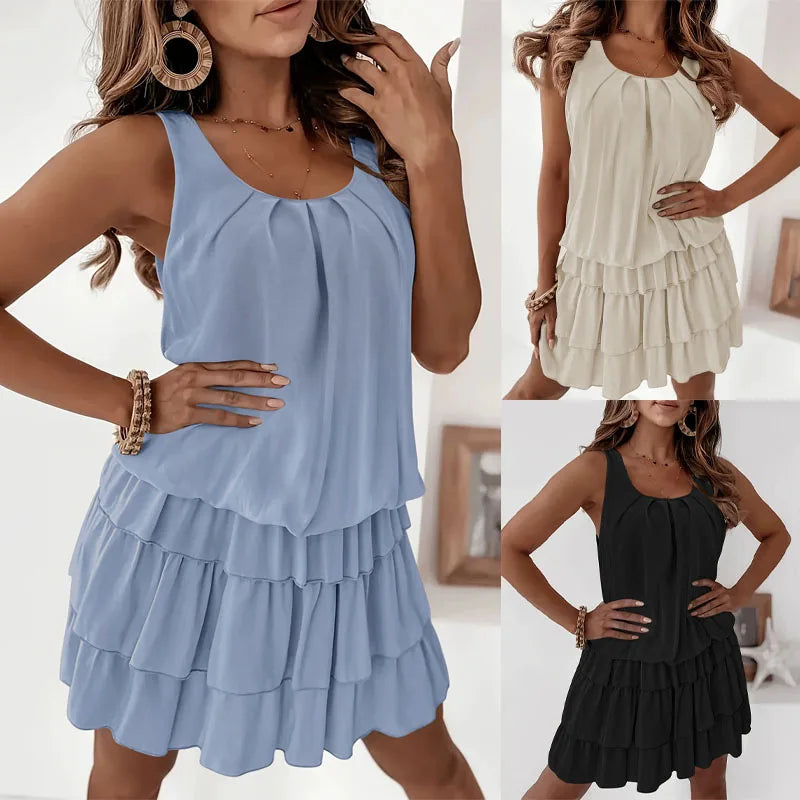 Mini Casual Dress Layered Ruffles Flounce Sleeveless Summer Loose Fashion S-2XL