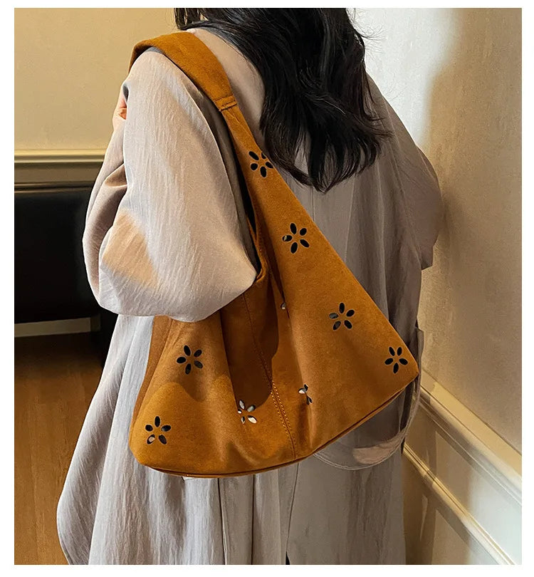 Women's Suede Shoulder Bag Floral Cutout Large Casual Handbags 2 in 1 Purses