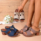 Women Open Toe Block Heel Sandals Mid Heel Hollow Flower Slippers Casual Slip-On