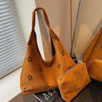 Women's Suede Shoulder Bag Floral Cutout Large Casual Handbags 2 in 1 Purses