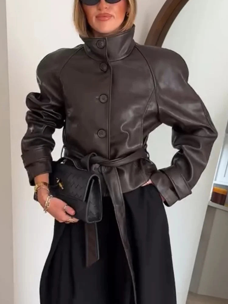 Women's Faux Leather Casual Fashion Jacket Belted Stand-Collar Button-Front Coat