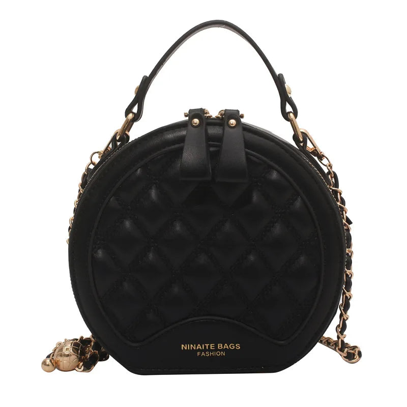 Women's Round Quilted Chain Crossbody Bag Mini Zipper Fashionable Purse