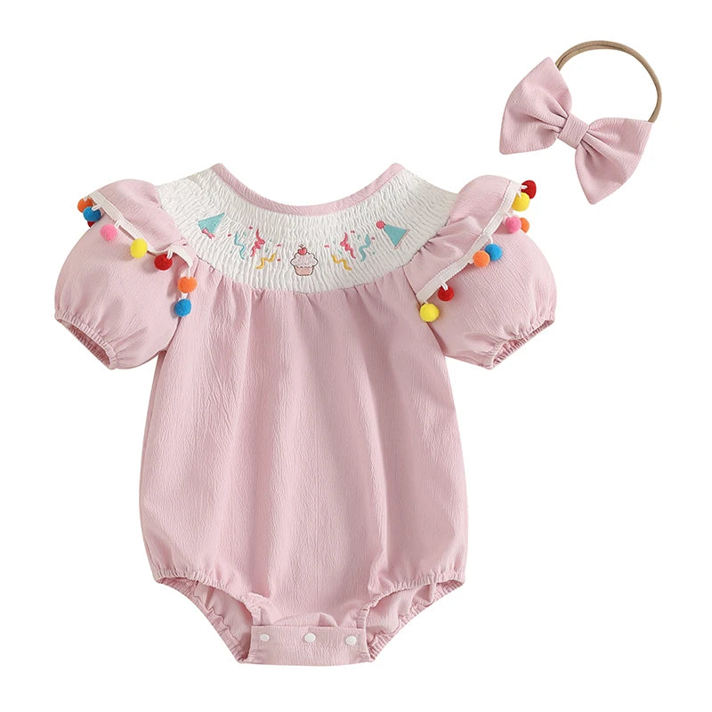 Baby Girl Birthday Romper Cupcake Embroidery Plush Ball Ruffle Short Sleeve Bodysuit